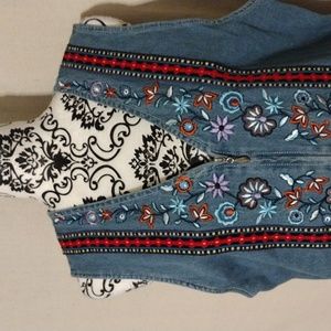 Vintage Teddi Boho Gypsy Denim Vest Sz L Floral Embroidered Country Multi Color